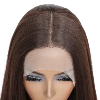 Uzun Düz Sentetik Dantel ön peruk Kadınlar ıçin X-TRESS Doğal Görünümlü Kahverengi Renk orta kısmı dantel saç peruk ısıya dayanıklı