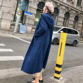 Uzun Kazak Ceket Kadın 2019 Yeni Sonbahar Kore Versiyonu Gevşek Kapşonlu Tembel Rüzgar Örgü Hırka Moda Rüzgarlık Ceket f2245