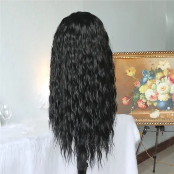 Uzun siyah saç dantel peruk gevşek dalgalı saç tutkalsız ısıya dayanıklı sentetik dantel ön peruk siyah kadınlar ıçin
