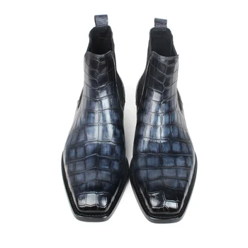 VİKEDUO 100 % Hakiki Timsah Deri Yarım Çizmeler Erkekler Için Ekose Patine Kare Ayak El Yapımı Mans Ayakkabı Kış Chelsea Zapatos