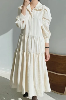 Wavsiyier A-Line Vintage Uzun Kollu peter pan yaka Parti 2021 midi Elbise Kadın Kore Kadın Bahar Kış Elbiseler dantel Elegan