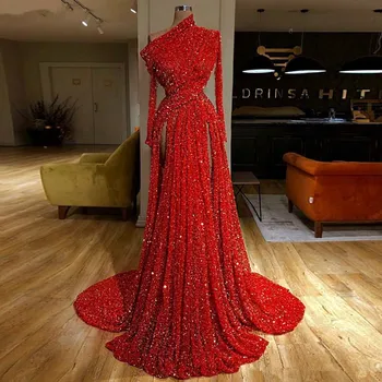 Yansıtıcı Kırmızı Sequins Uzun Akşam Parti Elbiseler 2020 Uzun Kollu Dantelli Yüksek Bölünmüş Örgün Parti Kat Uzunluk Balo Elbise