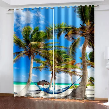 Yaz Ferahlatıcı Plaj Desen Baskı Oturma Odası Güneşlik Özel Perde Seti çocuk Yatak Odası Kanca Dekorasyon