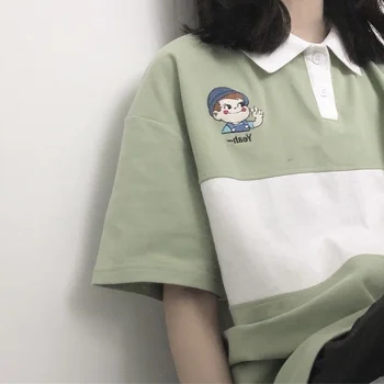 Yaz kısa kollu t-shirt kadın öğrenciler için Kore gevşek Harajuku polo yaka yarım kollu karikatür nakış üst streetwear
