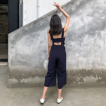 Yaz Yeni Kadın Sapanlar Tulum Ayak Bileği Uzunluğu Geniş Bacak Pantolon Yay Seksi Backless Playsuits Donanma Tasarımcı Bayanlar Rahat