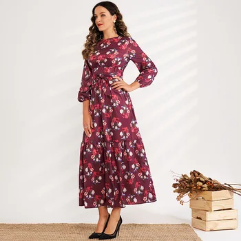 Yaz Yeni Ürünler Bayanlar Moda Tatlı Uzun kollu Çiçek Yüksek belli Elastik Bel Uzun A-line Kuşaklı Romantik Elbise