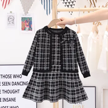 Yeni 2 adet Çocuk Kız Sonbahar Örme Giyim Setleri Izgara Ilmek Prenses Mont Elbise Giyim Seti Çocuk Kız ıçin