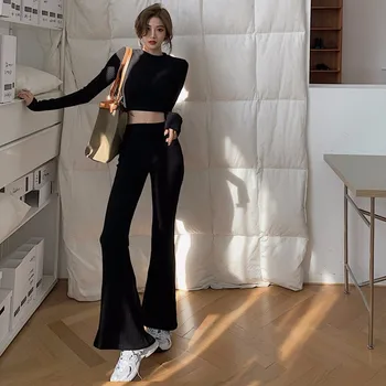 Yeni 2021 Kore 2 Parça Setleri Bayan Kıyafetler Eşofman Eşofman Örme Temel Kırpma Üst Yüksek Belli Casual Flare Pantolon Set
