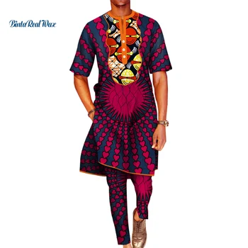 Yeni Erkek Giyim Uzun Üst ve Pantolon Setleri Afrika Balmumu Baskı 2 Parça Pantolon Setleri Erkekler için Geleneksel Afrika Tarzı Giyim WYN795