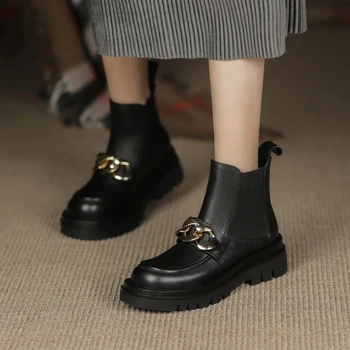 Yeni Hakiki Deri Kadın Çizmeler Elastik Çizmeler Kayma-On Chelsea Çizmeler platform ayakkabılar Yuvarlak Ayak Kalın Topuk yarım çizmeler Kış Ayakkabı