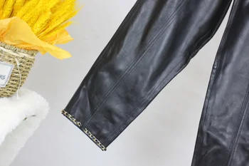 Yeni Tasarımcı kadın Zincir Yüksek katlı deri pantolon Yüksek kalite Hakiki deri kapri pantolonlar C913