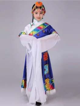 Yeni Tibet Dans Etnik Dans Giyim Kız Geleneksel Tibet Dans Kostümleri Dans Sahne Whter Kollu Elbise