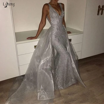 Yeni Varış Dubai Gümüş Sparkly Pullu Abiye 2020 Trendy Arapça Organze Ayrılabilir Tren Mermaid Uzun Akşam Balo Elbise