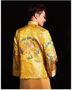 Yeni varış erkek Altın Çin tarzı kostüm damat elbise ceket uzun elbisesi geleneksel Çin düğün Qi pao erkekler için