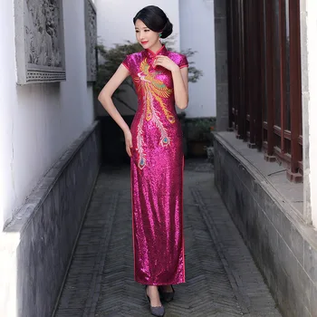 Yenilik Giyim Lüks Moda Sequins Uzun Çatal Qipao Sahne Gösterisi Akşam Elbise Çince Geleneksel Phoenix Cheongsam Elbisesi
