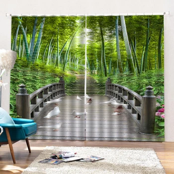Yeşil bambu perdeler Pencere Karartma Lüks 3D Perdeler Yatak odası Oturma odası İçin set
