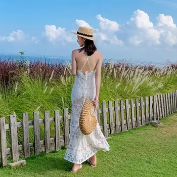 Yüksek Kaliteli Spagetti Kayışı Elbise Kadın Beyaz Kolsuz Spagetti Askı Halter Ayak Bileği-uzunluk Dantel Casual Boho Elbise Plaj Elbise