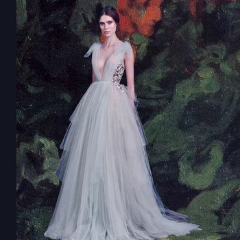 Zarif Balo Elbise Balo Çift Derin V Yaka Çiçek Baskı Kat Uzunluk Katmanlı Kabarık Tül Akşam Parti Elbise Artı Boyutu