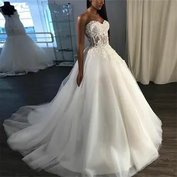 Zarif beyaz gelinlik 2021 vestido de noiva lace up tül aplikler gelin elbiseleri balo Custom Made robe de mariée
