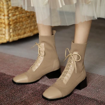 Zarif Kadın yarım çizmeler Sonbahar Kış Ayakkabı Kadın Muhtasar Çapraz Bağlı Örgü Yüksek Topuklu Hakiki Deri Streç Çizmeler Yeni