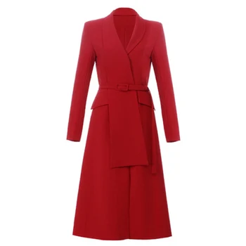 ZAWFL 2020 Yeni Seksi Chic Zarif Blazer V Boyun Uzun Kollu Sashes Toka Ile Kırmızı Ofis Bayan Kadın Iş Midi Elbise