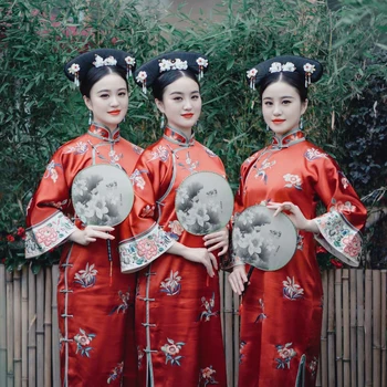 Çin elbisesi Antik İpek Qipao Turuncu Hanfu Cheongsam Elbise Çin Tarzı Nakış kadın Tang Kostüm Oryantal Elbiseler