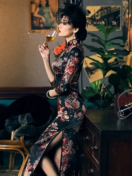 Çin elbisesi Artı Boyutu Ipek Qipao Elbise Modern Vintage Cheongsam Elbiseler Orta Kollu Parti Oryantal Elbiseler Çin Giysileri