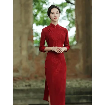 Çin elbisesi Modern Kadın Cheongsam Elbiseler Kırmızı 3/4 Kollu Midi Qipao Zarif Ince Anne Elbise Geleneksel Abiye