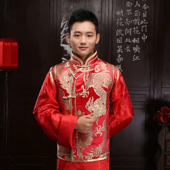 Çin Geleneksel Damat düğün elbisesi Vintage Erkekler Kırmızı El Yapımı Düğme Qipao Erkek Evlilik Takım Elbise Tang Takım Elbise Giyim XS-XL