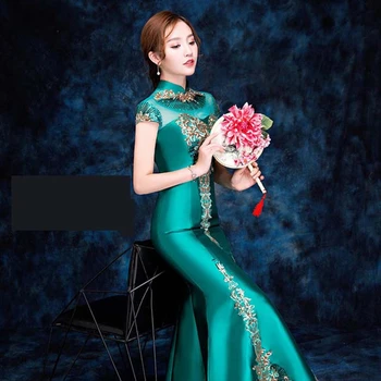Çin geleneksel podyum cheongsam ziyafet akşam elbise kadın fishtail sequins konak modeli ince takım performans sahne oldu