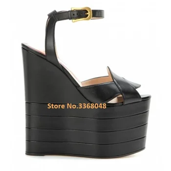 Çizgili Platformu Takozlar Sandalet Ayak Bileği Toka Peep Toe Deri Bayan Ayakkabı Supper Yüksek Kadın Sandalet Pist Yaz Ayakkabı Popüler