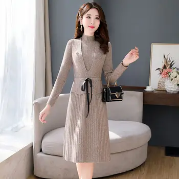 Örme Elbise Kadın Bahar Sonbahar 2021 Yeni Kore Mizaç Örgü 2 Parça Setleri Moda Yelek + Kazak Elbise Kıyafet X108