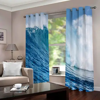 Özel 3D perdeler Deniz dalgaları Pencere Perde Okyanus dalgaları kalın Oturma Odası Yatak Odası Dekoratif Mutfak Perdeleri Perdeler