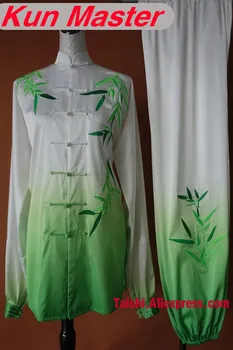 Özel Performans Beyaz Yeşil Kademeli Değişim Renk Tai Chi Üniforma Banboo Nakış Dövüş Sanatı Giyim İçin Kung Fu